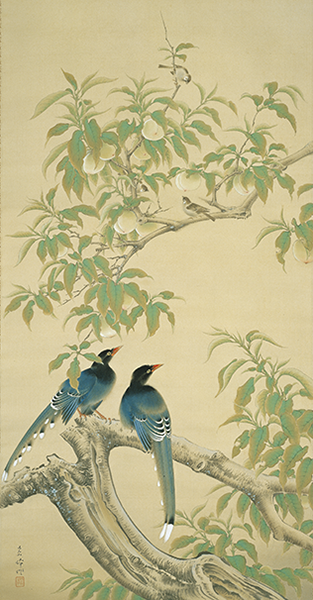 榊原紫峰《桃に山娘鳥図》部分 1930年頃